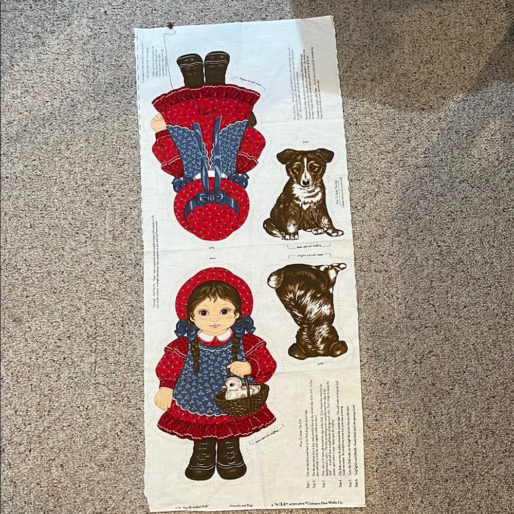 Vintage Doll and Dog Fabric Panel Antique doll pillow Quilting Amanda and Rags
